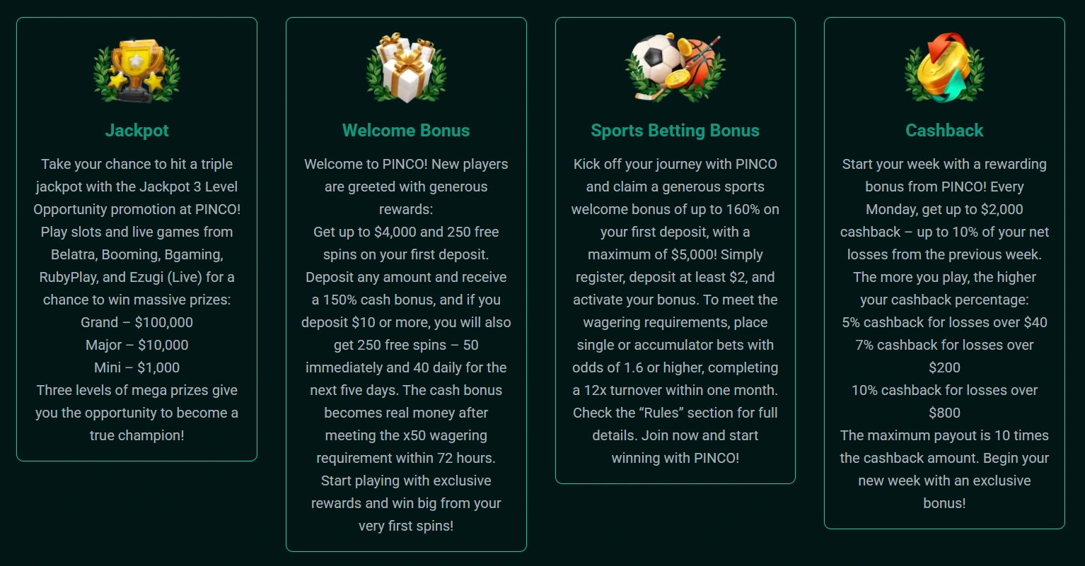 Pinco resmi bonus bölümündeki jackpot, welcome bonus, sports betting bonus ve cashback kartlarını gösteren ekran görüntüsü