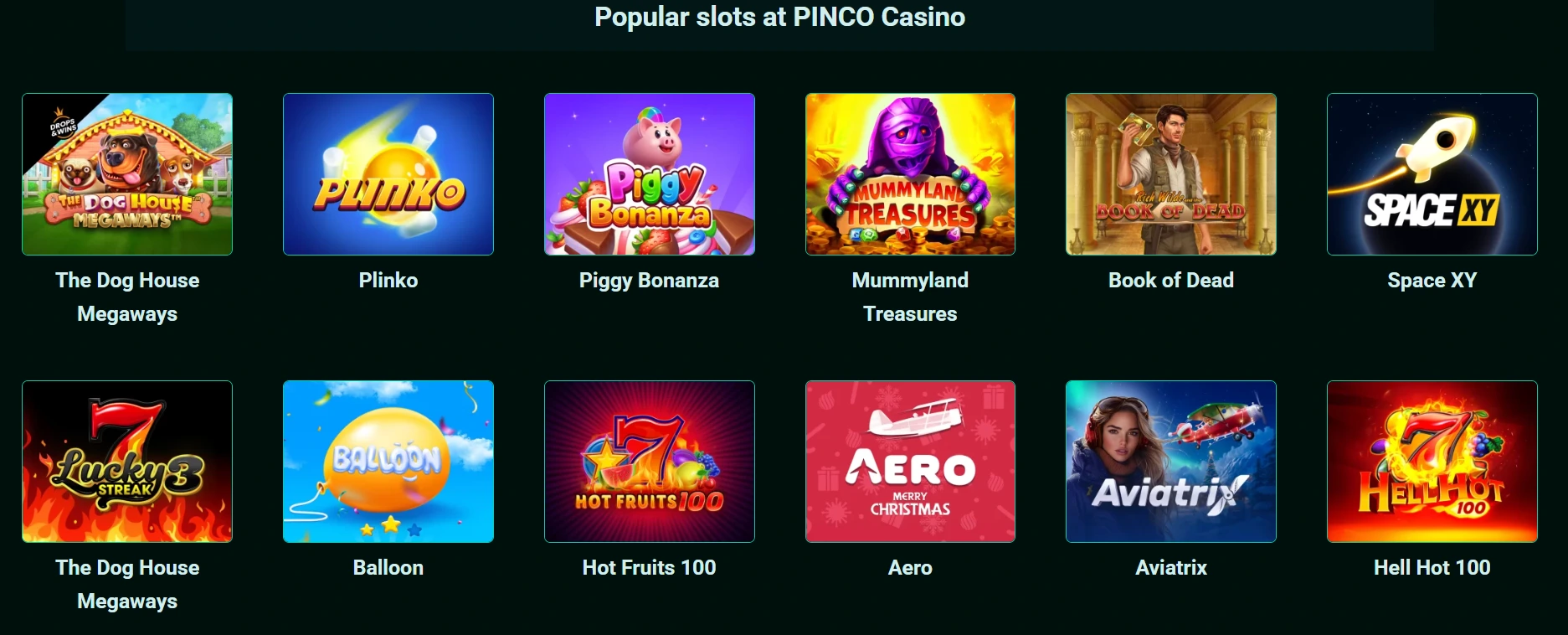 Pinco resmi site üzerindeki popüler slot oyunları bölümünün ekran görüntüsü