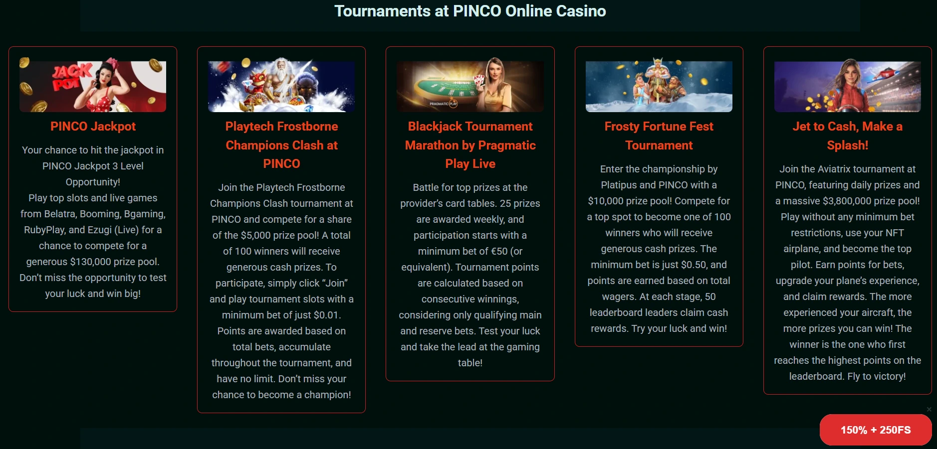 Pinco resmi turnuvalar sayfasındaki PINCO Jackpot ve diğer turnuva kartlarını gösteren ekran görüntüsü